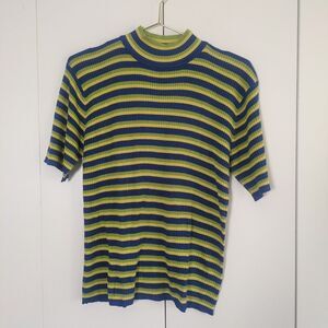 Y2K Joseph A. Women's XL 98% Silk Knit Top Yellow Blue Shallow Ribbed Crew Neck